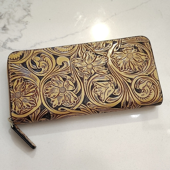 Floral Embossed Zip Around Wallet Tan Dark Brown Background Multiple Card Slots - Picture 1 of 6